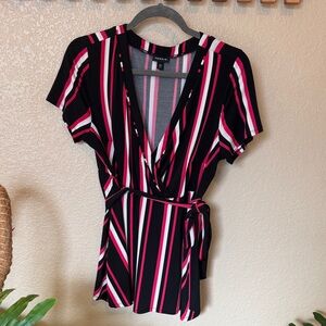 Torrid Black and Pink Striped Wrap Blouse
